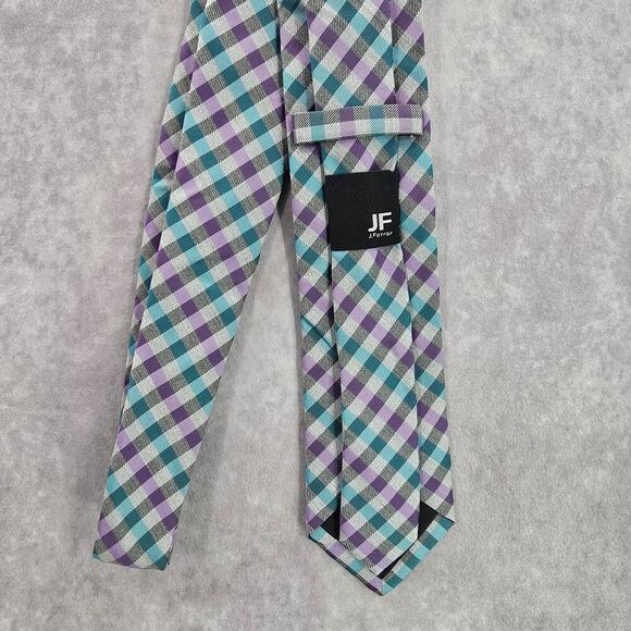 JF J. Ferrar Gray Purple Blue Plaid Tartan Checker Men's Neck Tie NWOT - Picture 3 of 7